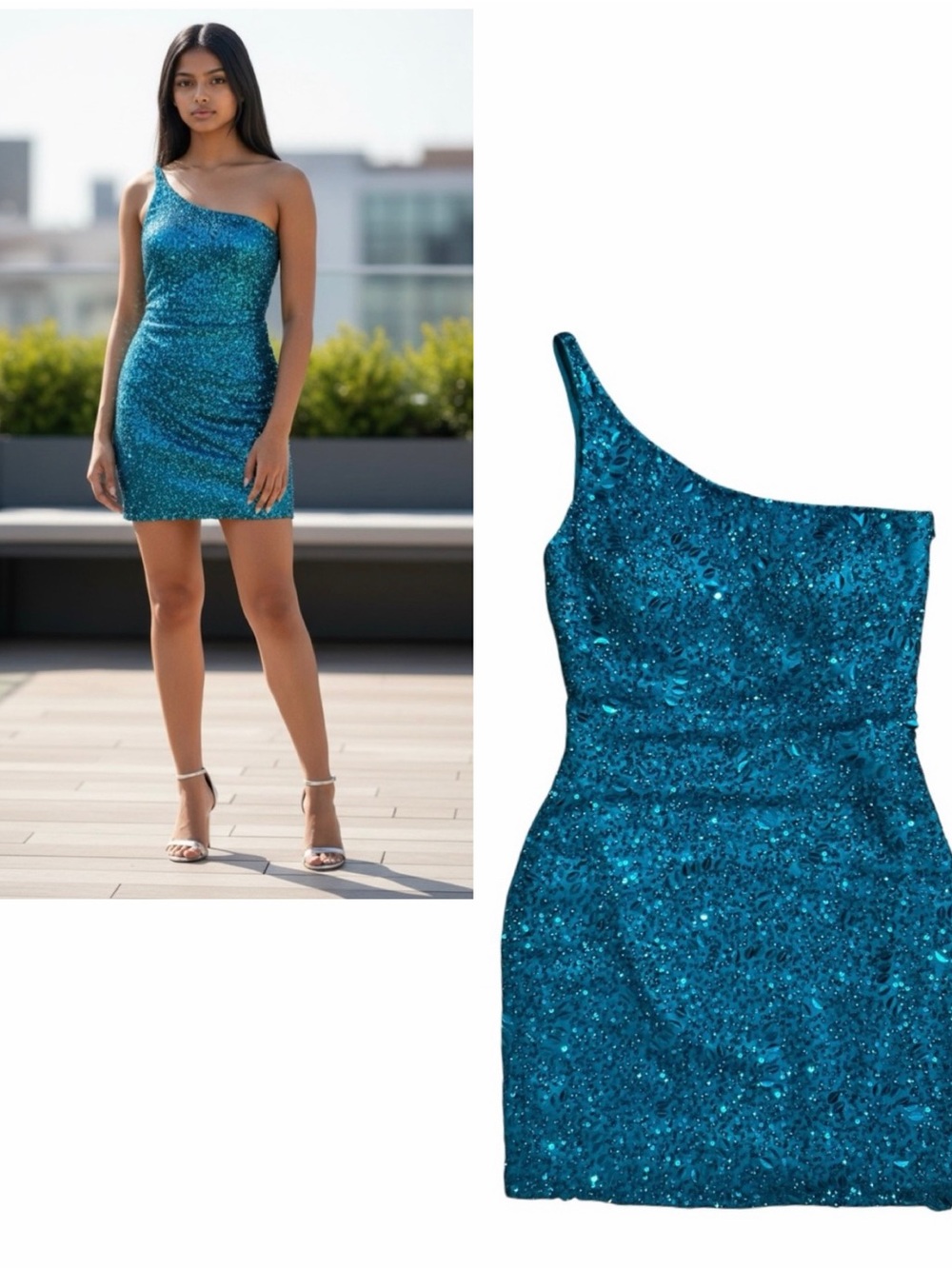 SCALA Vintage Teal Beaded Sequin One Shoulder Silk Mini Dress 6